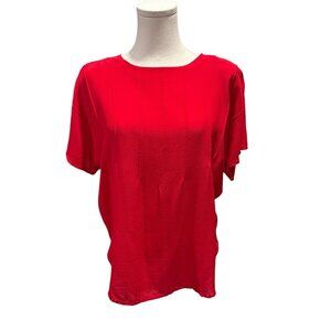 Vintage 80s Silk Short Sleeve Red Pintuck Blouse W/ Shoulder Pads Womens Medium